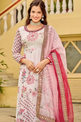 Cream Chinnon fabric digital print with embroidery work fully gown