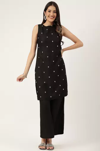 Women  black rayon & embroidered work straight kurta bottom set