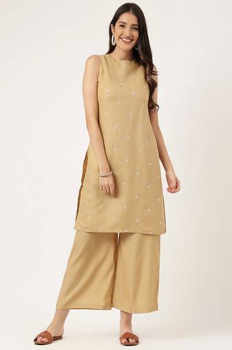 Women  beige rayon & embroidered work straight kurta bottom set