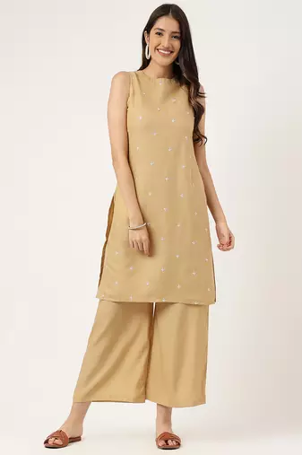 Women  beige rayon & embroidered work straight kurta bottom set