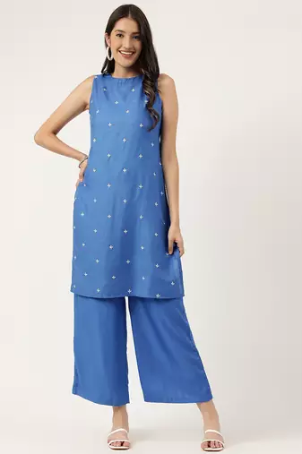 Women  blue rayon & embroidered work straight kurta bottom set