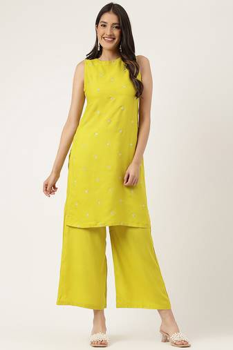 Women  mustard rayon & embroidered work straight kurta bottom set