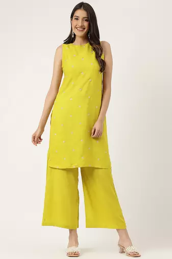 Women  mustard rayon & embroidered work straight kurta bottom set