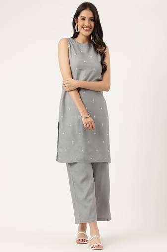 Women  grey rayon & embroidered work straight kurta bottom set