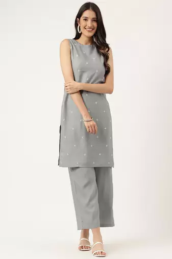 Women  grey rayon & embroidered work straight kurta bottom set