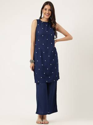 Women  navy blue rayon & embroidered work straight kurta bottom set 1