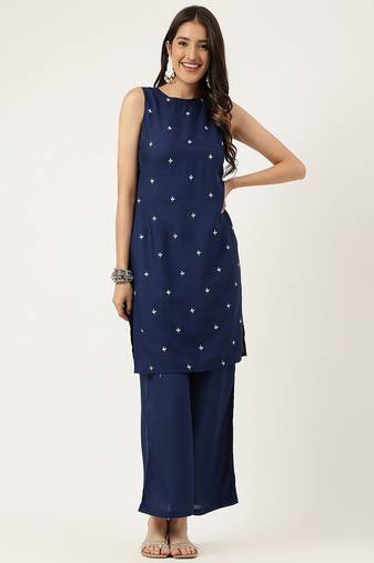 Women  navy blue rayon & embroidered work straight kurta bottom set