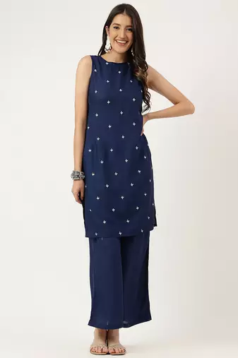 Women  navy blue rayon & embroidered work straight kurta bottom set