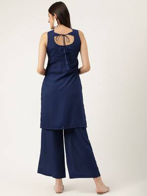 Women  navy blue rayon & embroidered work straight kurta bottom set 2