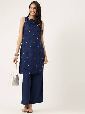 Women  navy blue rayon & embroidered work straight kurta bottom set 3