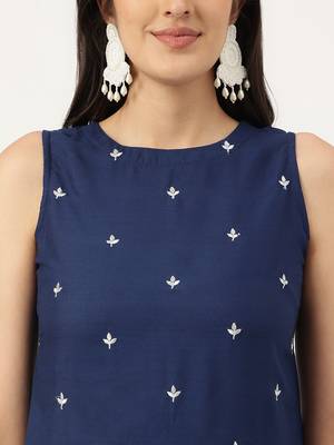 Women  navy blue rayon & embroidered work straight kurta bottom set 4