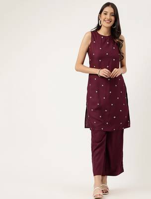 Women  mahroon rayon & embroidered work straight kurta bottom set 1