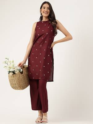 Women  mahroon rayon & embroidered work straight kurta bottom set 4