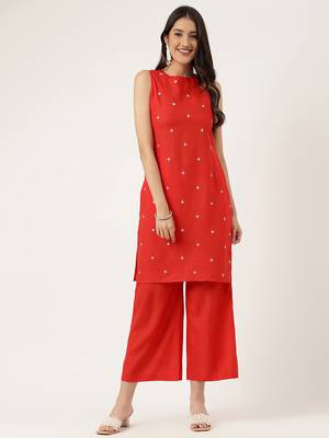Women  red rayon & embroidered work straight kurta bottom set 1