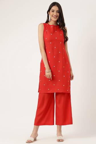 Women  red rayon & embroidered work straight kurta bottom set