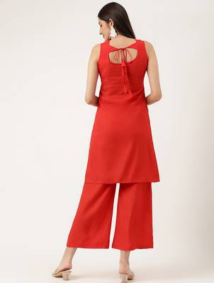 Women  red rayon & embroidered work straight kurta bottom set 2