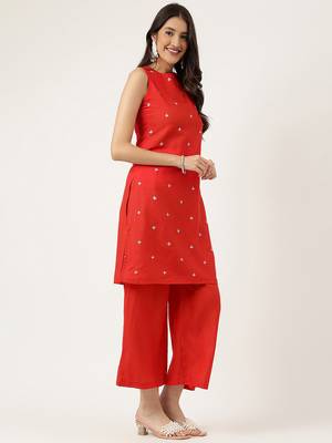 Women  red rayon & embroidered work straight kurta bottom set 3