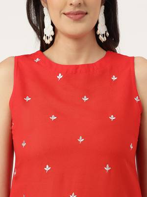 Women  red rayon & embroidered work straight kurta bottom set 4