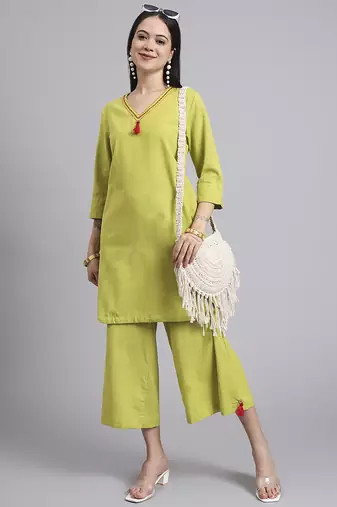 Women   green cotton flex & hand work co-ord set (set of 2)