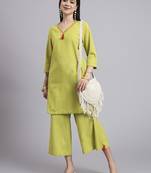Women   green cotton flex & hand work co-ord set (set of 2)