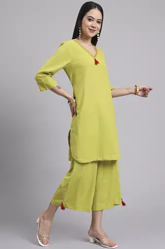 Women   green cotton flex & hand work co-ord set (set of 2)