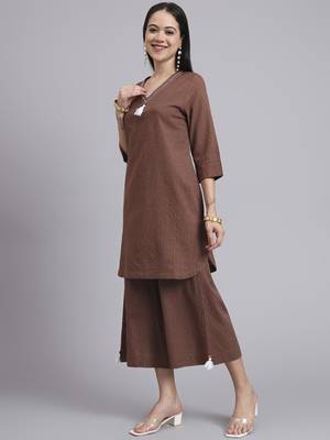 Women brown cotton khatha & hand work co-ord set (set of 2) 1