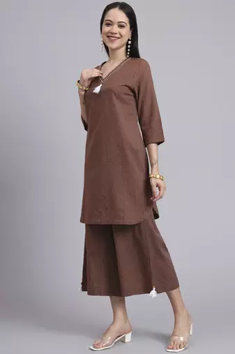 Women  brown cotton khatha & hand work co-ord set (set of 2)