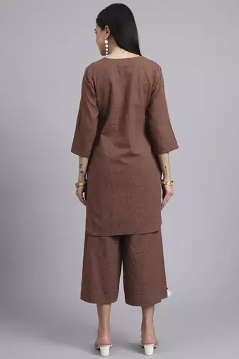 Women brown cotton khatha & hand work co-ord set (set of 2)