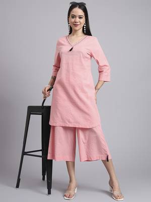 Women pink cotton khatha & hand work co-ord set (set of 2) 1