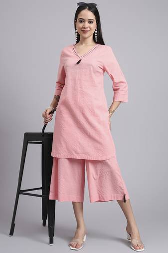 Women  pink cotton khatha & hand work co-ord set (set of 2)