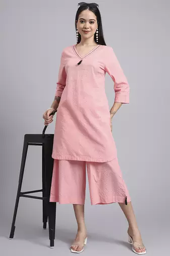 Women  pink cotton khatha & hand work co-ord set (set of 2)