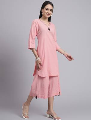 Women pink cotton khatha & hand work co-ord set (set of 2) 2