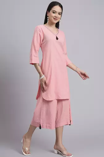 Women pink cotton khatha & hand work co-ord set (set of 2)