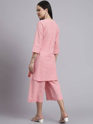 Women pink cotton khatha & hand work co-ord set (set of 2) 3