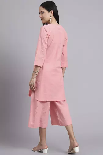 Women pink cotton khatha & hand work co-ord set (set of 2)