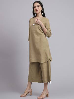 Women khaki cotton khatha & hand work co-ord set (set of 2) 1
