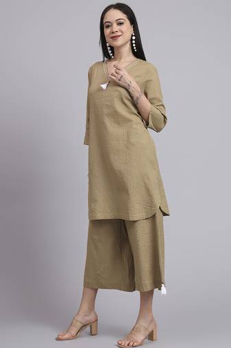 Women  khaki cotton khatha & hand work co-ord set (set of 2)