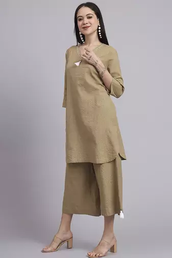 Women  khaki cotton khatha & hand work co-ord set (set of 2)