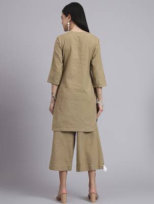 Women khaki cotton khatha & hand work co-ord set (set of 2) 2