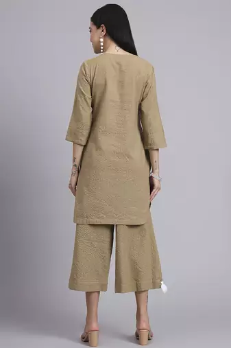 Women khaki cotton khatha & hand work co-ord set (set of 2)
