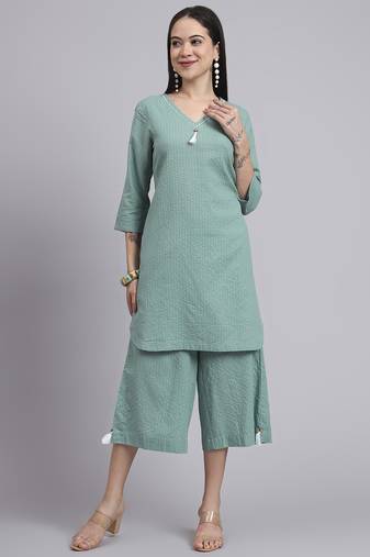 Women  green cotton khatha & hand work co-ord set (set of 2)