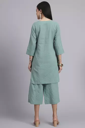 Women  green cotton khatha & hand work co-ord set (set of 2)