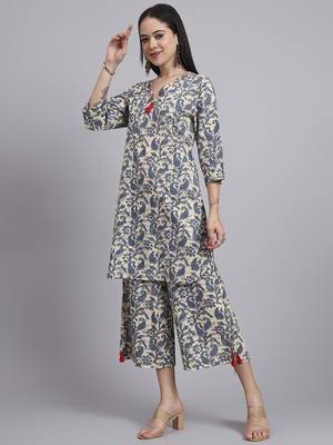 Women blue cotton printed & hand work co-ord set (set of 2) 1