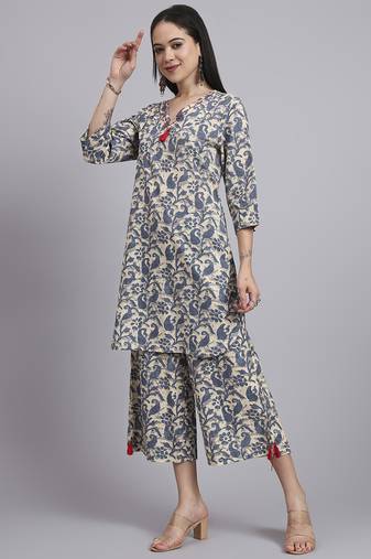 Women  blue cotton printed & hand work co-ord set (set of 2)