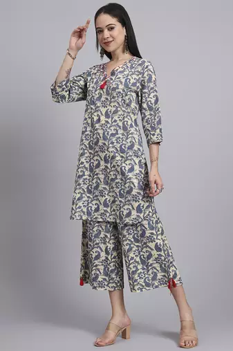 Women  blue cotton printed & hand work co-ord set (set of 2)