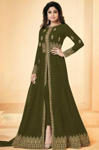Mehendi Faux Georgette Embroidered Wedding Wear Designer Anarkali Semi-Suit