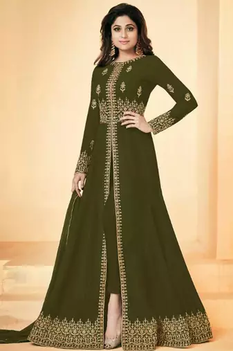 Mehendi Faux Georgette Embroidered Wedding Wear Designer Anarkali Semi-Suit