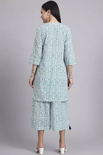 Women green cotton printed & hand work co-ord set (set of 2)