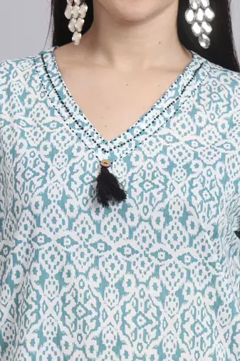 Women green cotton printed & hand work co-ord set (set of 2)