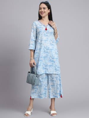 Women blue cotton printed & hand work co-ord set (set of 2) 1